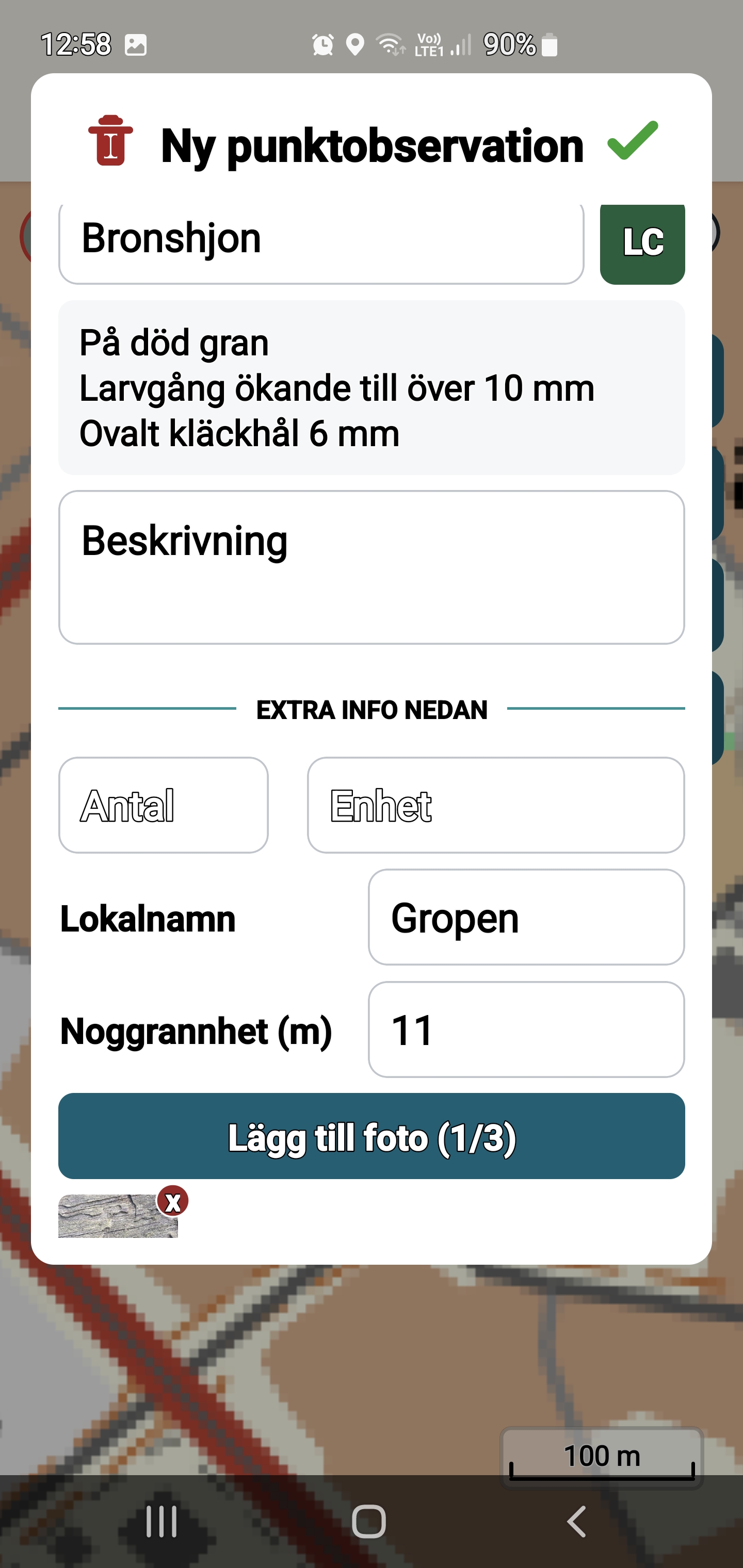 Skärmbild av Fältkarta